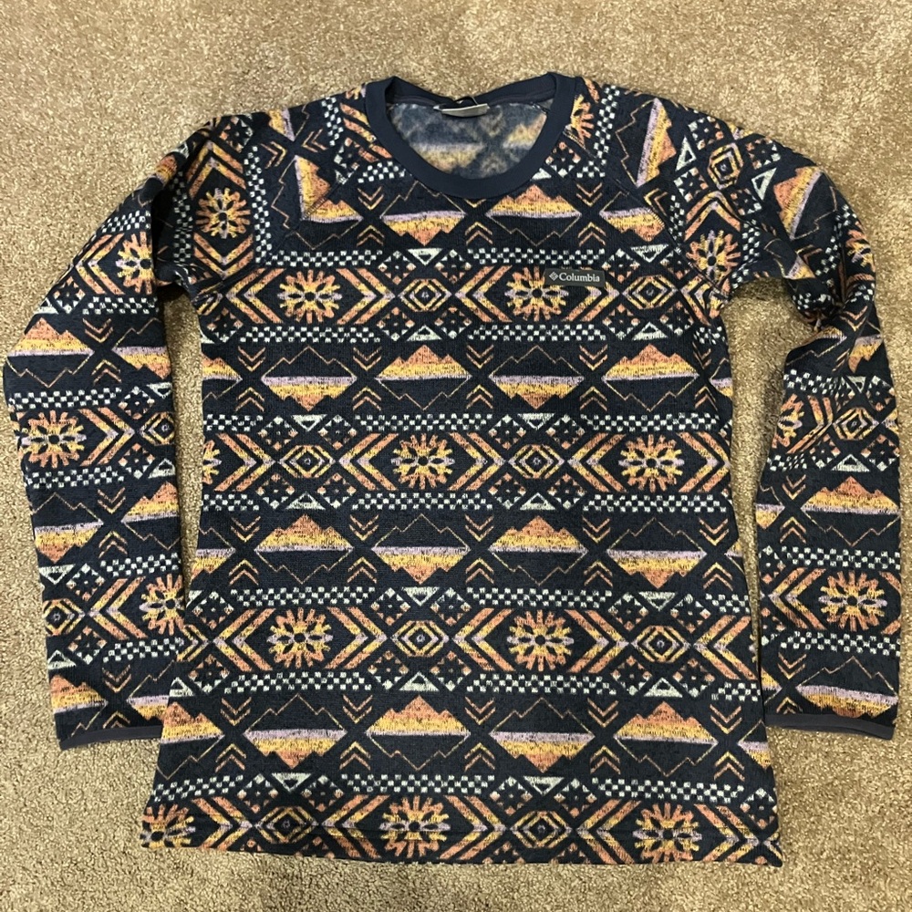 Columbia Navy Crewneck Sweater with Tan & Cream Geometric Print